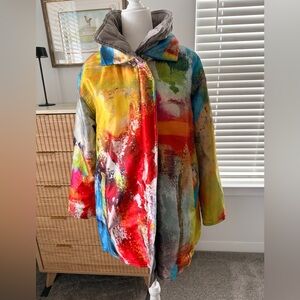 UBU reversible stone/ rainbow splatter artist Janet Barnett coat
